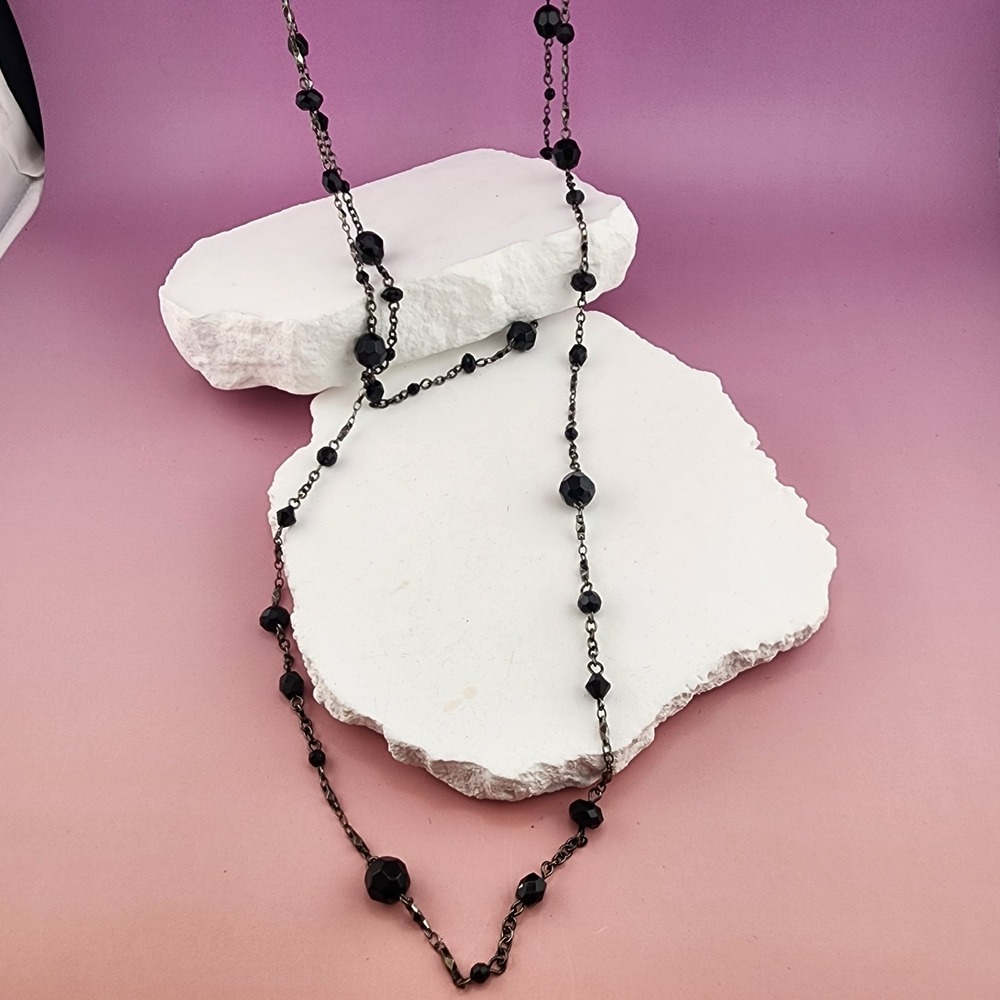 Black Faceted Bead Long Chain Necklace Dark Gunmetal Gothic Layering Statement